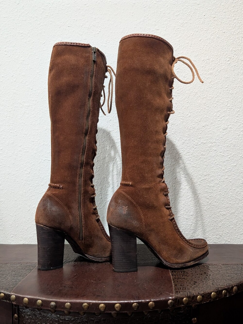 FRYE Parker Moccasin Lace Up Tall Knee High Zip Brown Suede Leather Boots - Picture 5 of 16